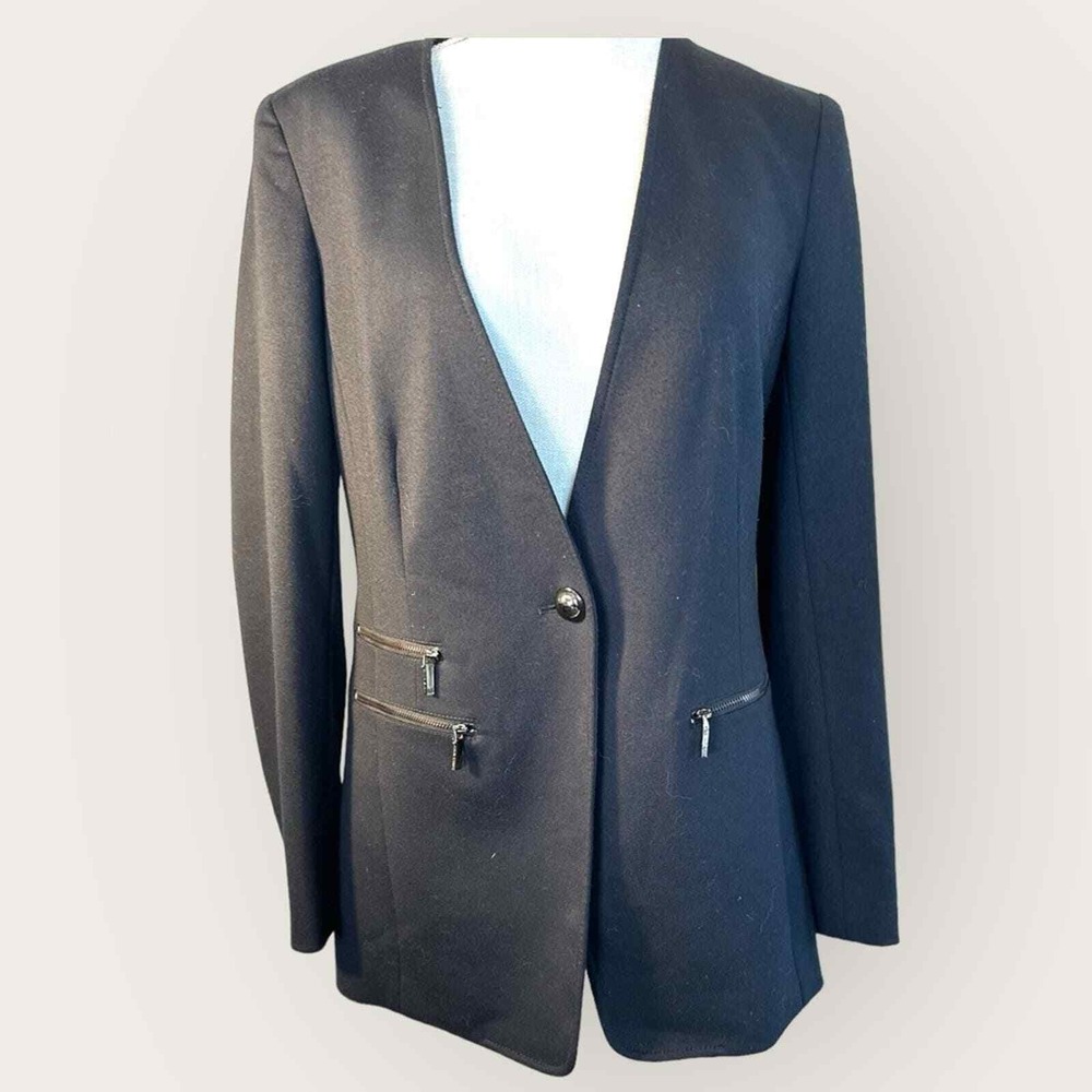 Anne‎ Klein Black Blazer Women's Size 10 Zipper Pockets Collarless Button Front